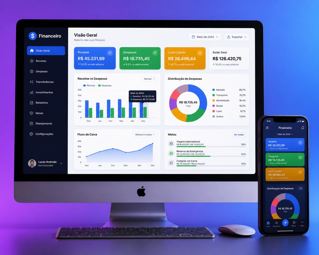 Plataforma de gestão financeira em desktop e celular